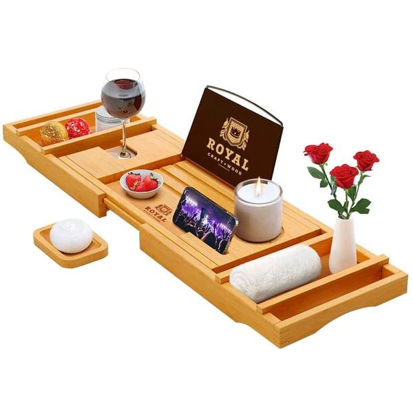 VIVOHOME Expandable 43 inch Bamboo Bathtub Caddy Tray in Natural with Holders, Soap Tray, Wine Glass Slot