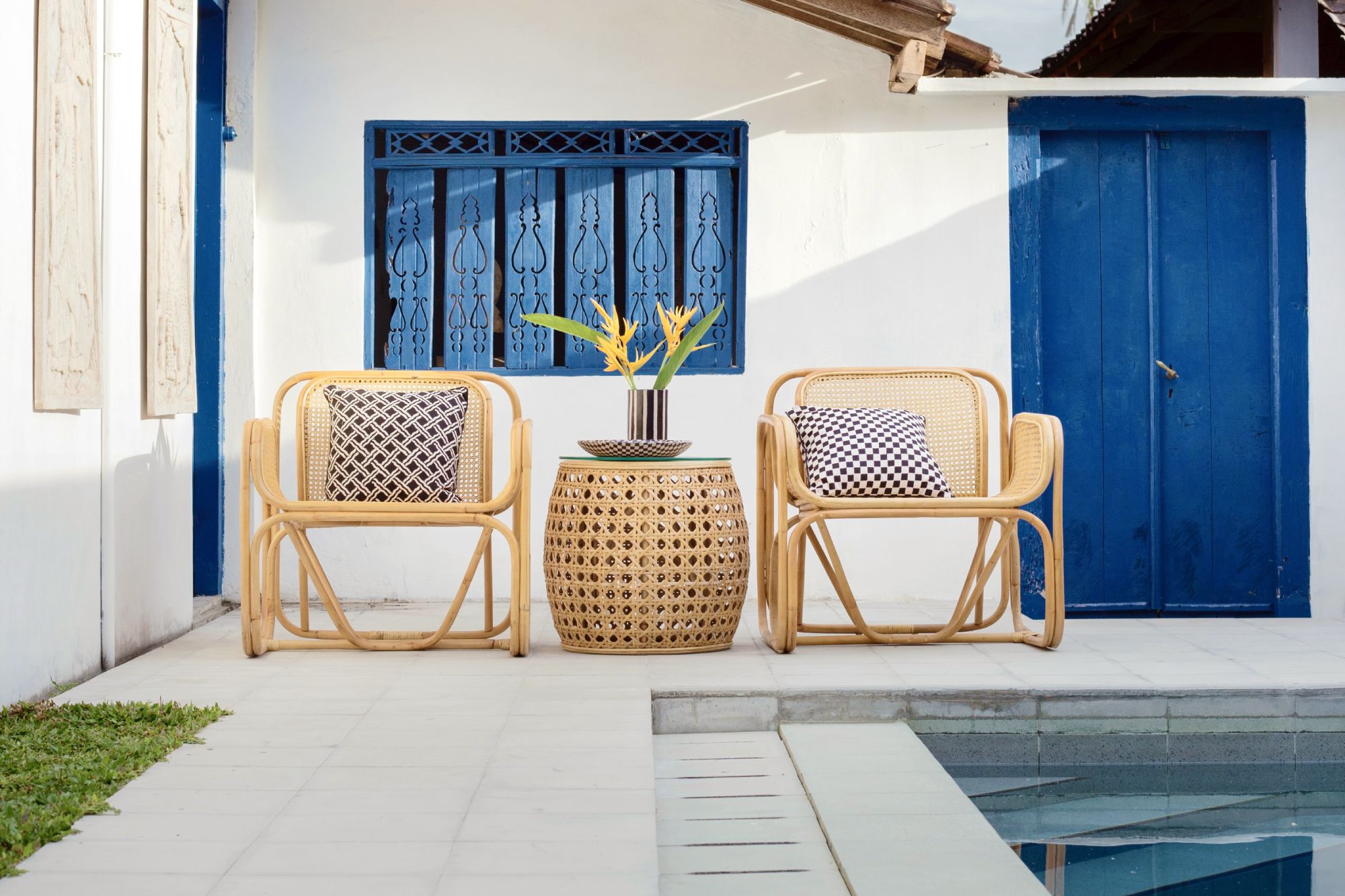 Bamboo chairs outdoor by pool; bamboo furniture