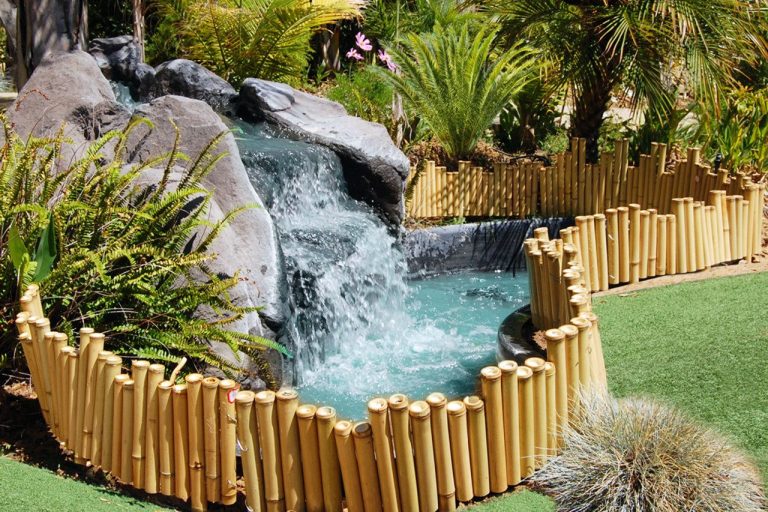 Forever Bamboo bamboo edging separating a water feature from lawn
