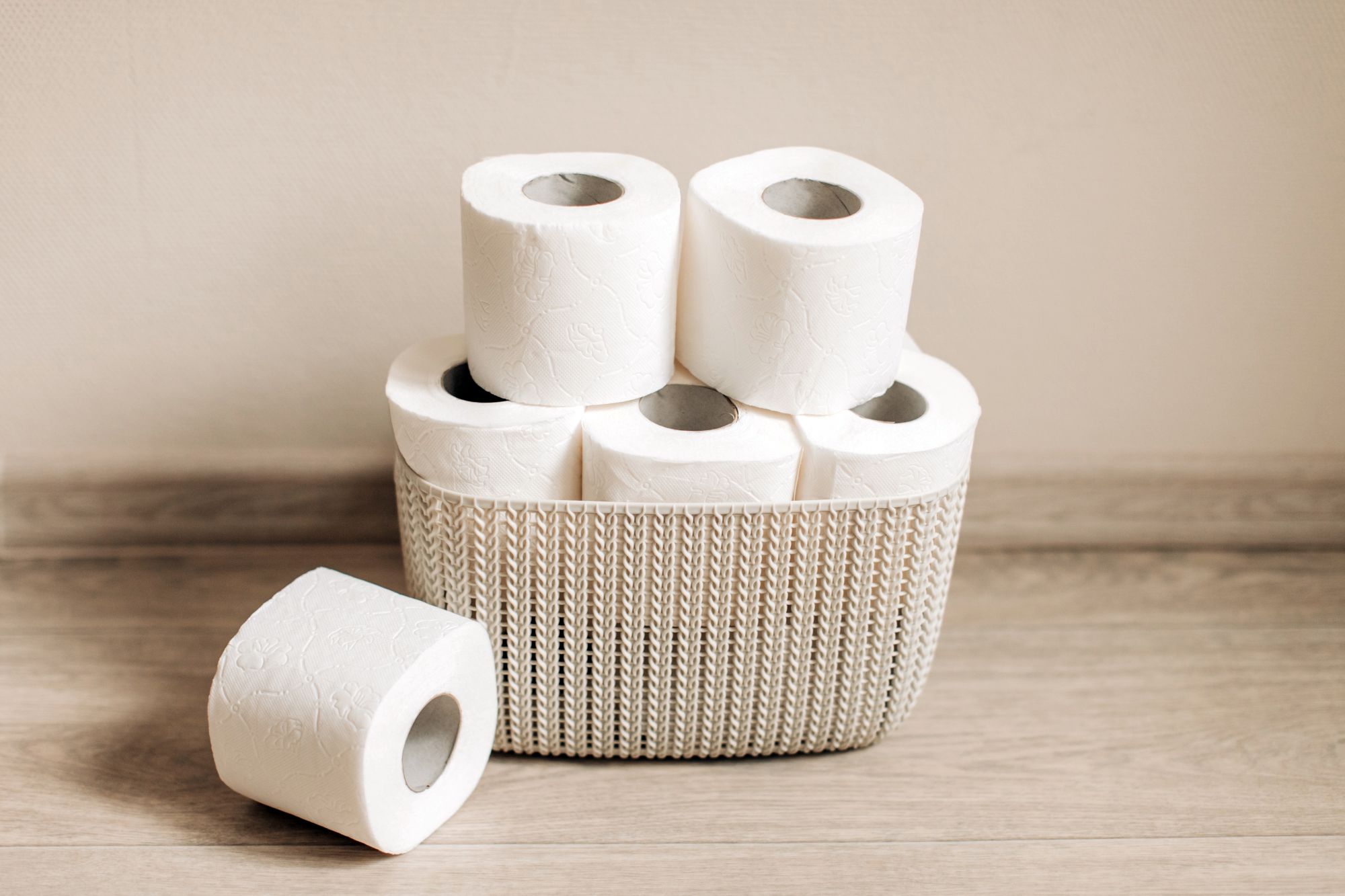 Rolls of bamboo toilet paper in a basket