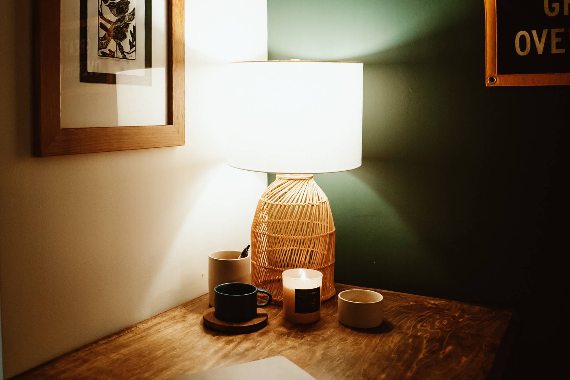 Bamboo lamp in the corner of a room