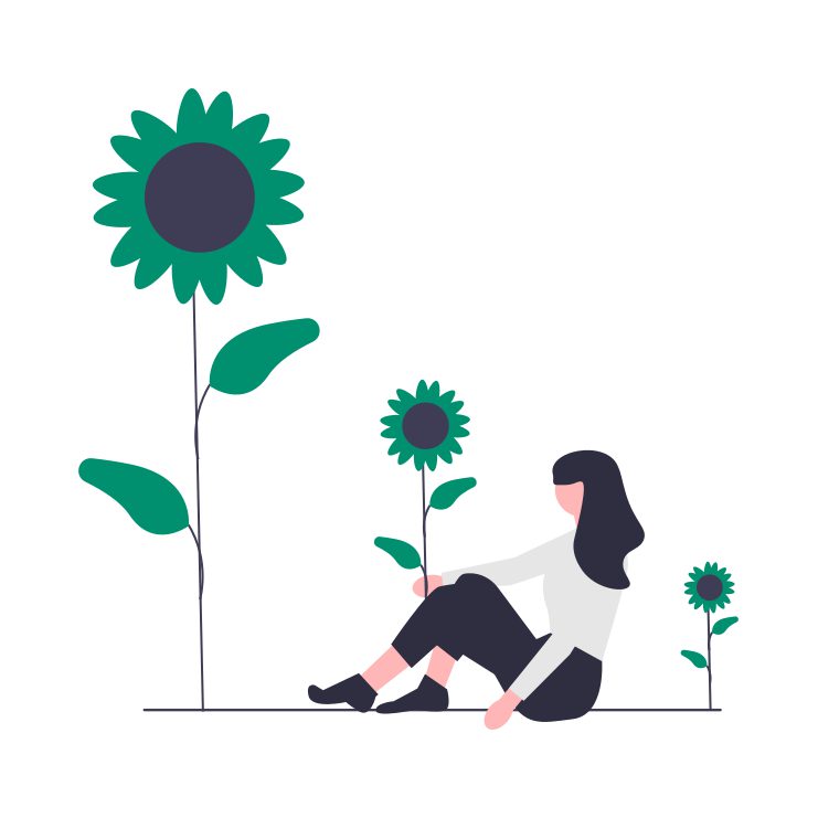 Illustration of a woman sitting next to sunflowers